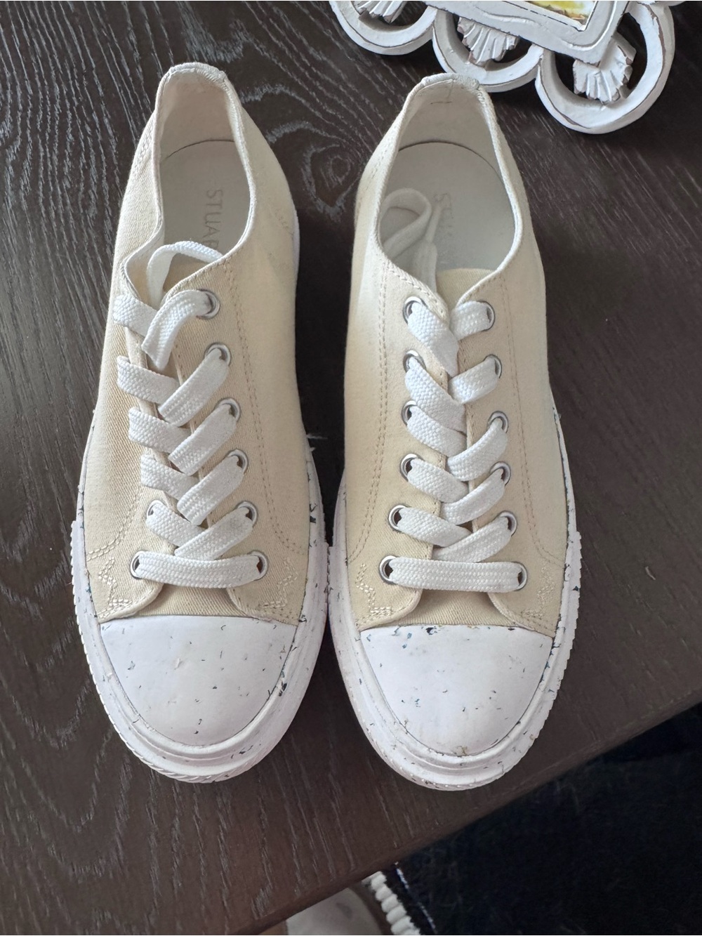 NEW Stuart Weitzman Cream Canvas Speckled Platform Lace-Up Sneakers 7